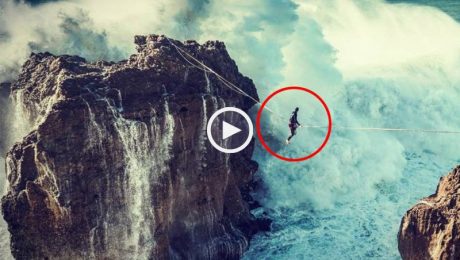 Slackliner andou por cima das ondas gigantes da Nazaré sob um cabo de aço